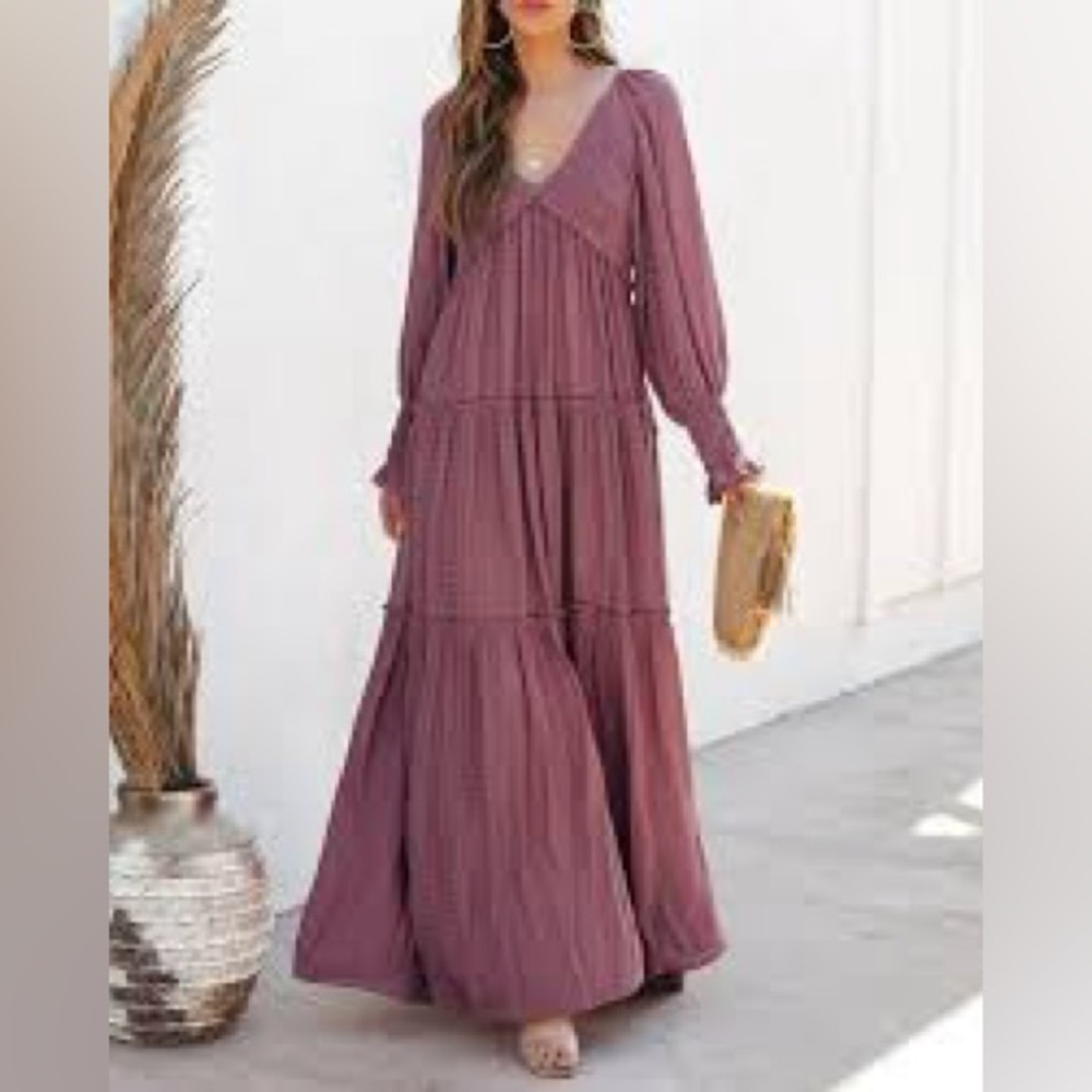R Vivimos VNeck Maxi Smock Tiered RuffleBohemian Dress Whimsigoth Gypsy Milkmaid